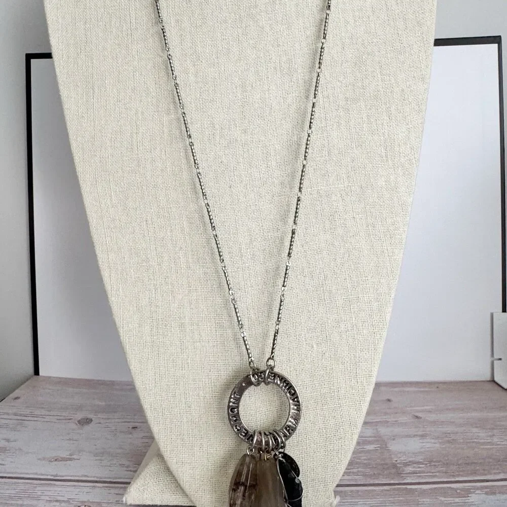 Stone Arrowhead Charm Necklace Bohemian Boho Silver Tone Long Statement